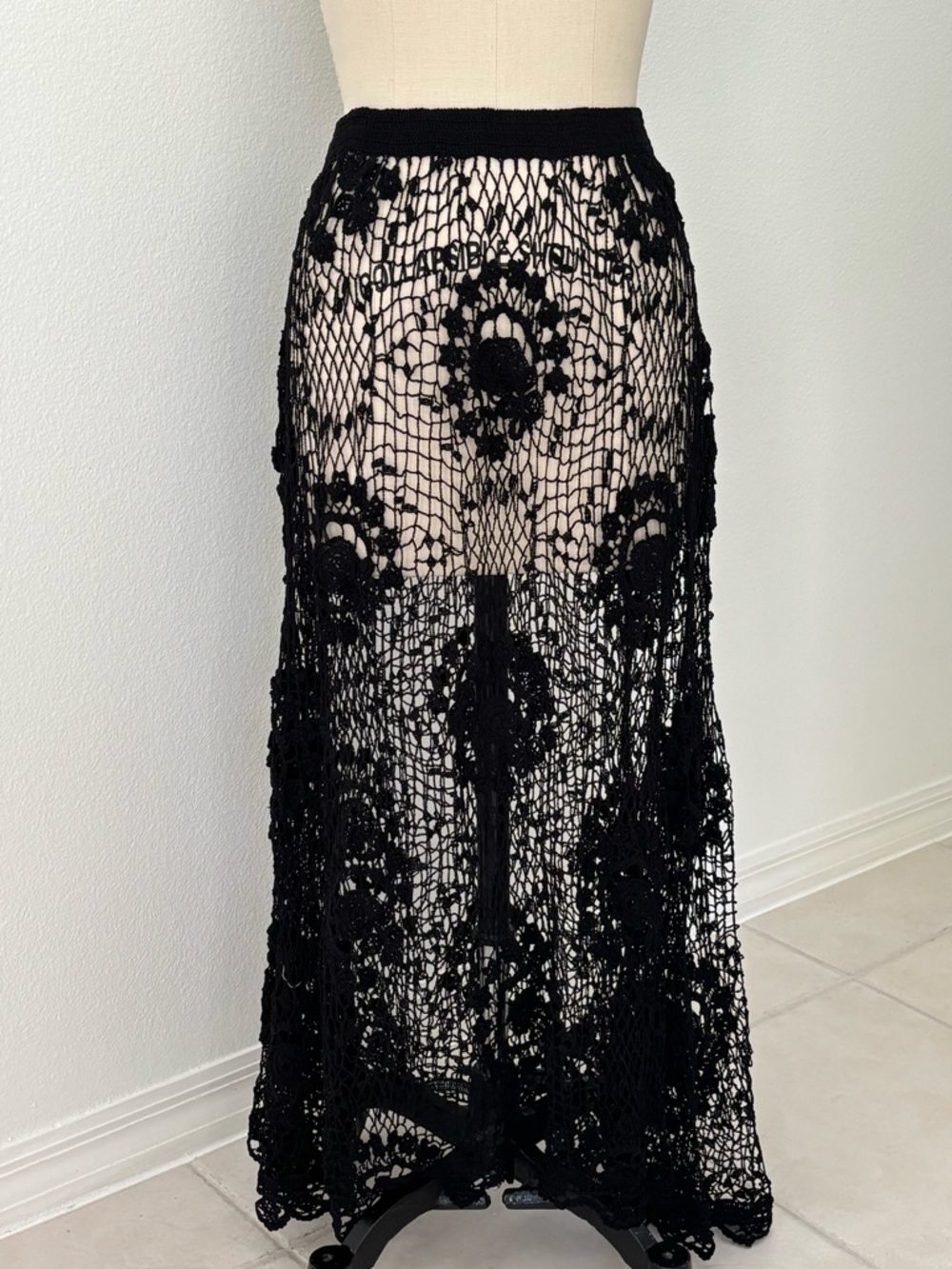 Lim’s 1990s Vintage Black Cotton Crochet MIDI Skirt NWT Hand Made in Shanghai OS